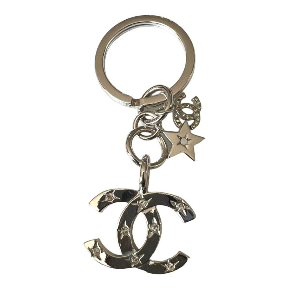 CHANEL CC Logo Rhinestone Silver Tone Key Ring.  #1149